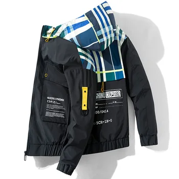 

#2905 Spring Autumn 2020 Hooded Coats Jacket Mne Plus Size M-4XL Contrast Color Fashion Loose Streetwear Mens Jackets And Coats