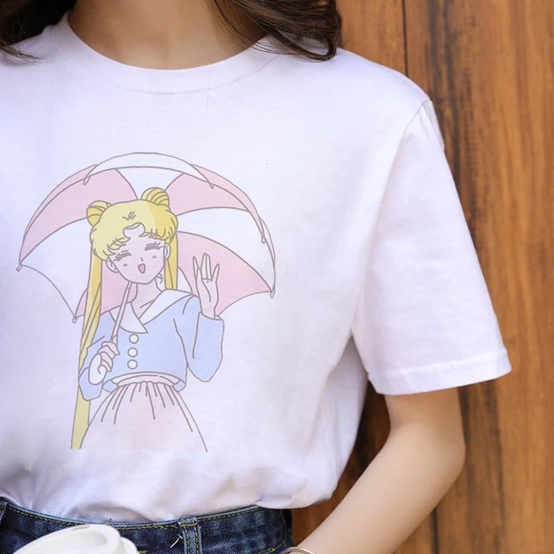Sailor Moon Kawaii Harajuku футболка женская Ullzang забавная футболка с рисунком аниме кошки 90s корейский стиль Футболка Модный Графический Топ Женская