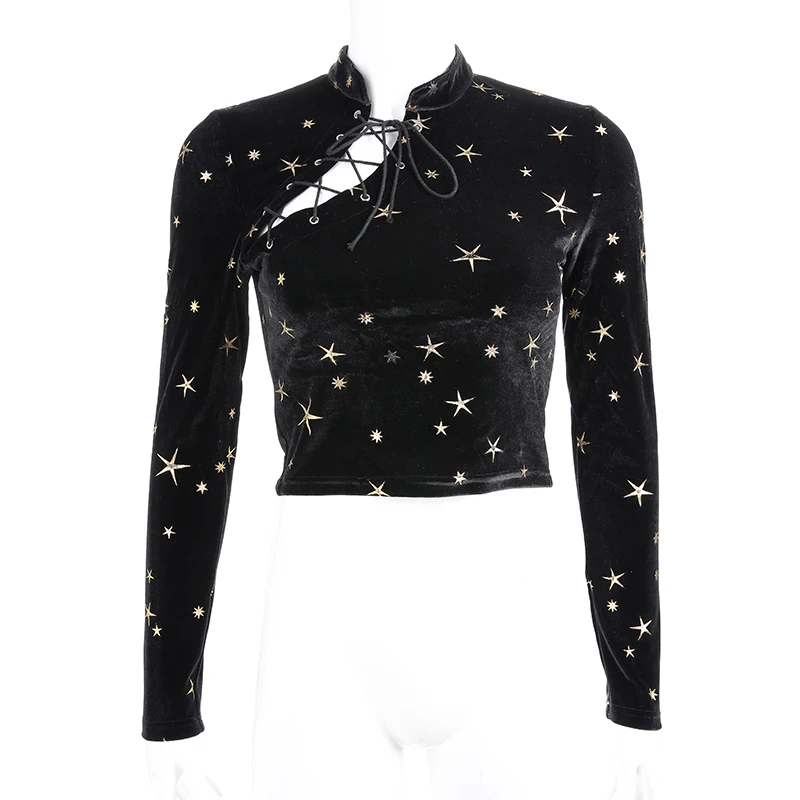 Star Print Black Stand-up Collar Tie Cropped Top For Women Long Sleeve Hollow Slim Sexy Navel T-shirt Lady Party Wear Street