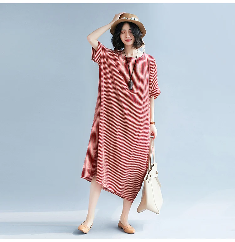 Женское платье больших размеров, летнее платье в полоску с круглым вырезом и коротким рукавом, женская одежда, свободное повседневное женское платье