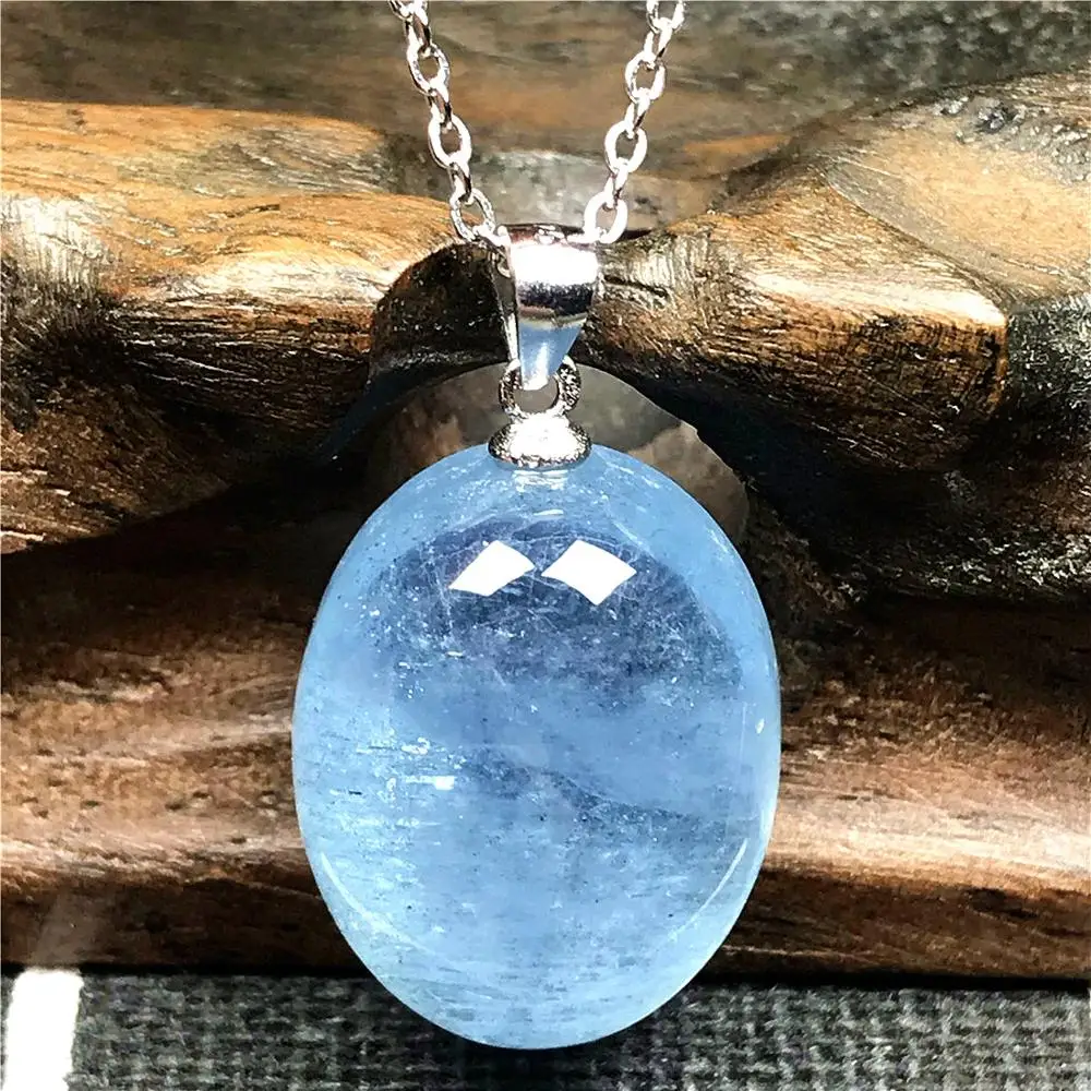 

Top Natural Blue Aquamarine Beads Pendant Necklace Jewelry For Woman Man Ocean Crystal 19x15x9mm Stone 925 Silver Chain AAAAA