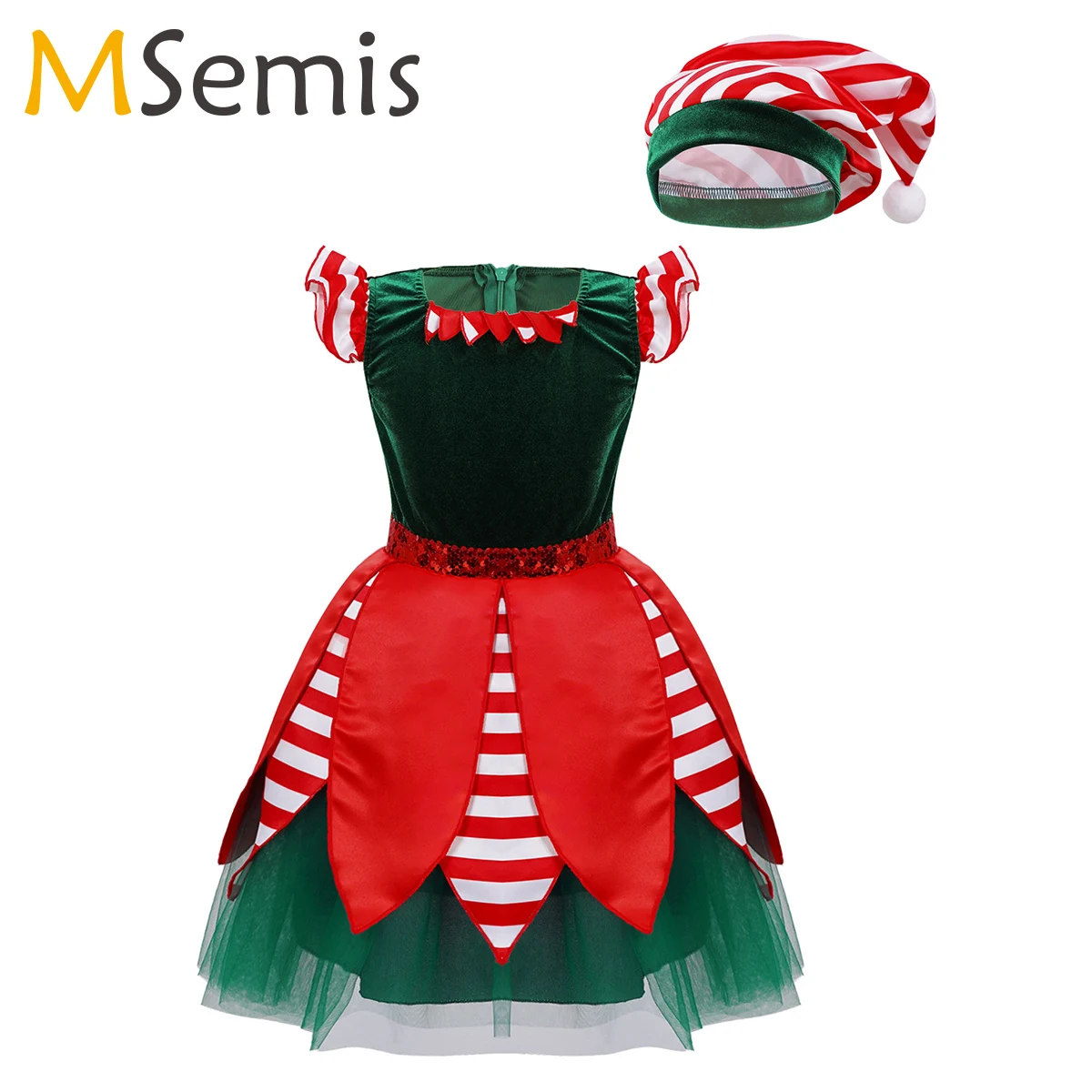 

Children Christmas Dance Costume Sequins Stripes Stage Performance Dress Hat Suit Halloween Xmas Carnival Cosplay Party Uniform