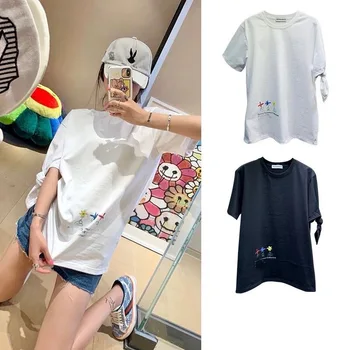 

AM2020 spring summer Daisy floral print graphic tees women irregular cuff tied tshirt round neck short-sleeve T-shirt top