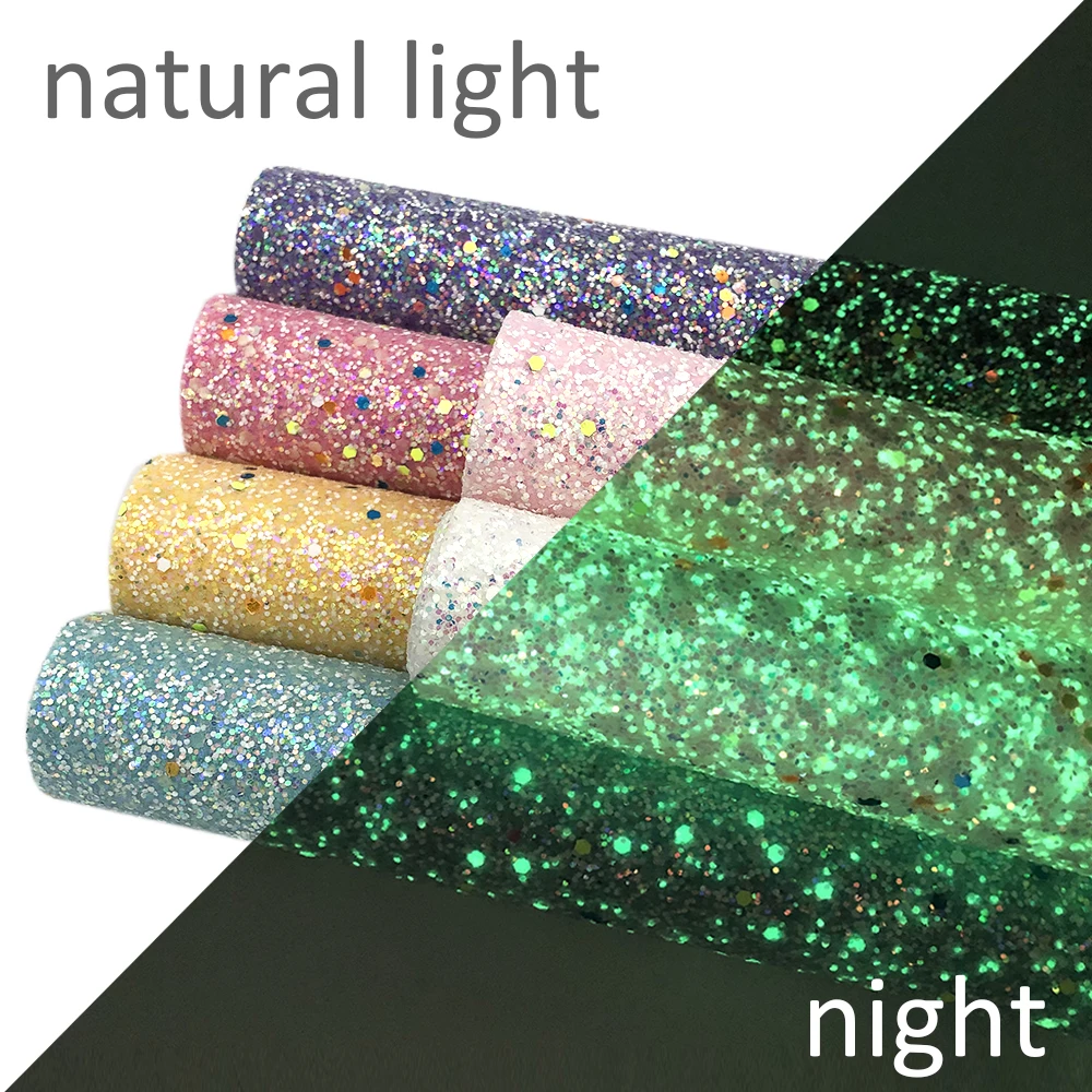 

20*34cm 6 Pcs Glow In The Dark Chunky Glitter Faux Leather Assorted Set For DIY Projects,1Yc7398