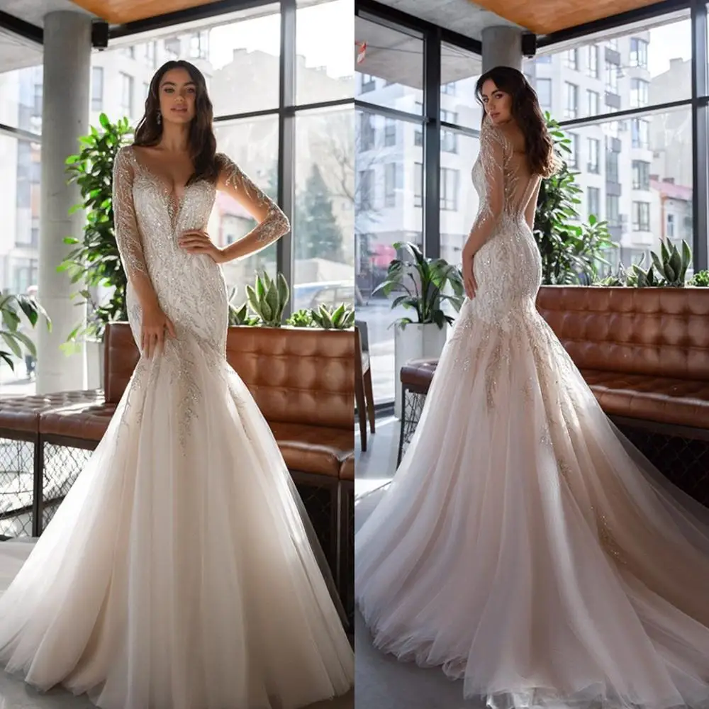 

2021 Fashion Wedding Dresses Deep V Neck Lace Sequins Mermaid Bridal Gowns Custom Made Long Sleeves Button Back Wedding Dress