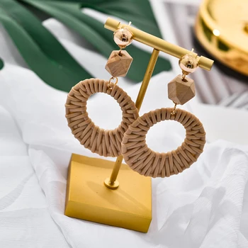 

Handmade Boho Round Big Drop Earrings For Women Imitation Straw Weave Rattan Knit Vine Unique Dangle Earrings Fashion Jewelry