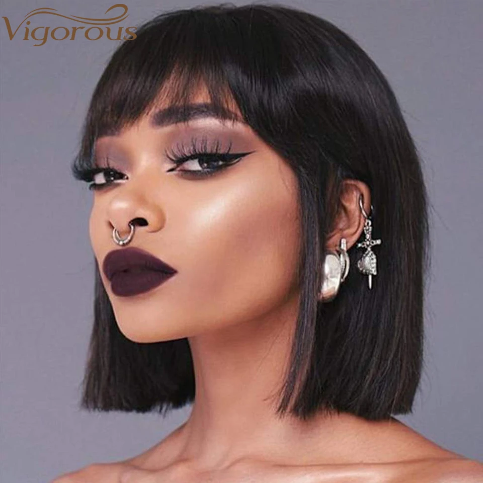 

Vigorous Straight Black Wig With Bangs Synthetic Short Wigs for Women Heat Resistant Fiber Hair Cosplay Wig