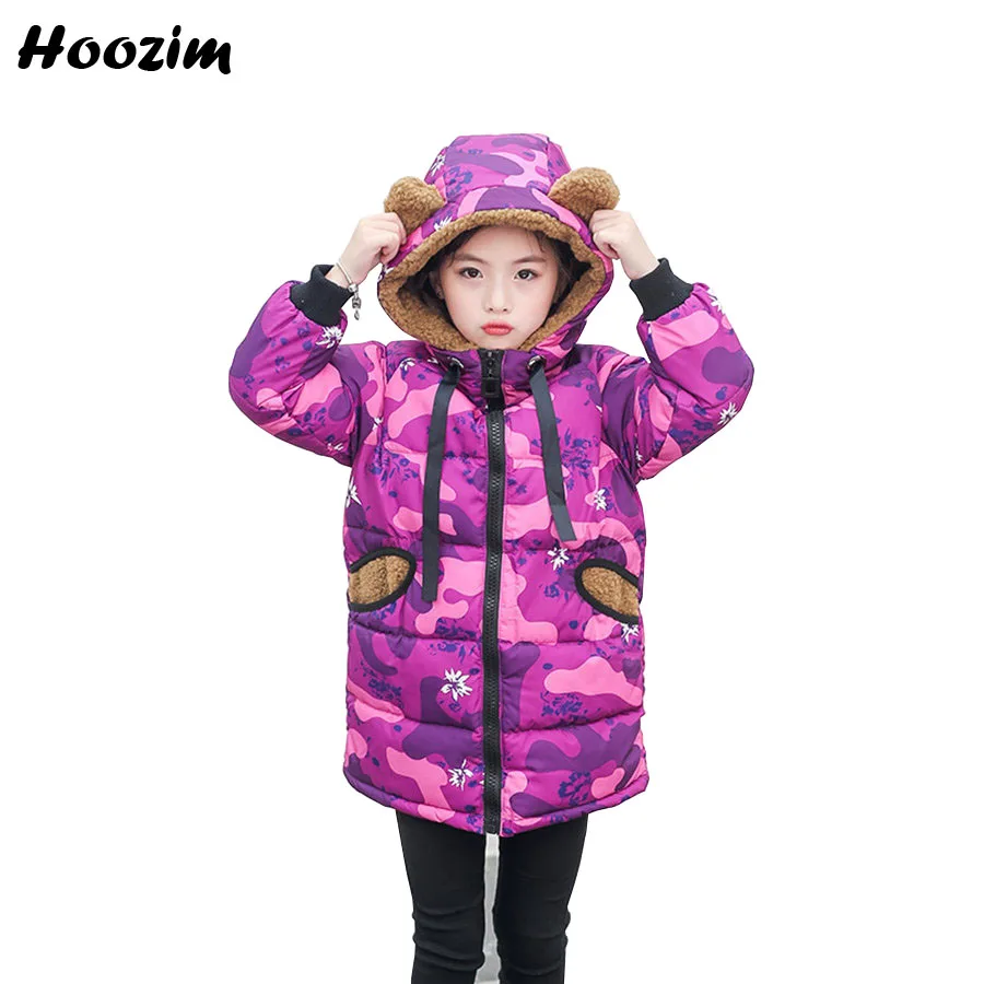 

2019 New Purple Camouflage Quilted Jacket For Girls 4-11 Years Fashion Children Outerwear Winter Faux Fur Cap Long Coat For Boys