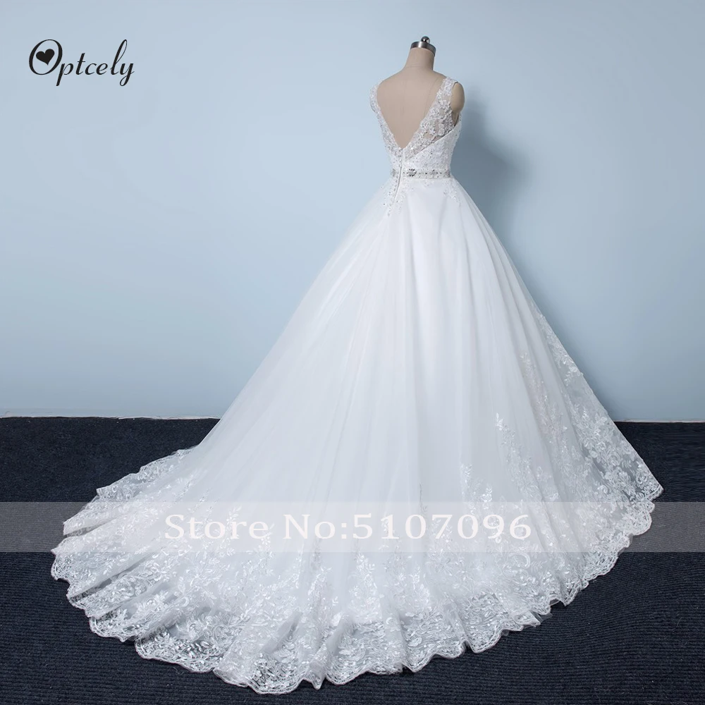 Optcely Vestido de Noiva элегантные цвета слоновой кости сексуальные с v-образным вырезом А-силуэта без рукавов Тюль с открытой спиной Свадебные платья с аппликацией бисером со шлейфом