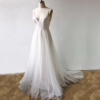 

Pearls Ivory Wedding Dress 2020 Newest Sexy Spaghetti Straps Deep V Wedding Gown Bridal Dress Train Zipper Back Bridal Gown