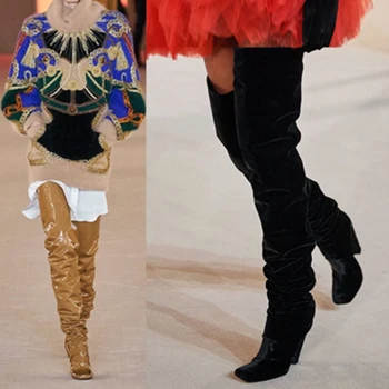 

Siddons 2020 Runway Thigh High Boots Female Square Toe Spike Heels High Heels Pleated Shoes For Women Over The Knee Long Boots