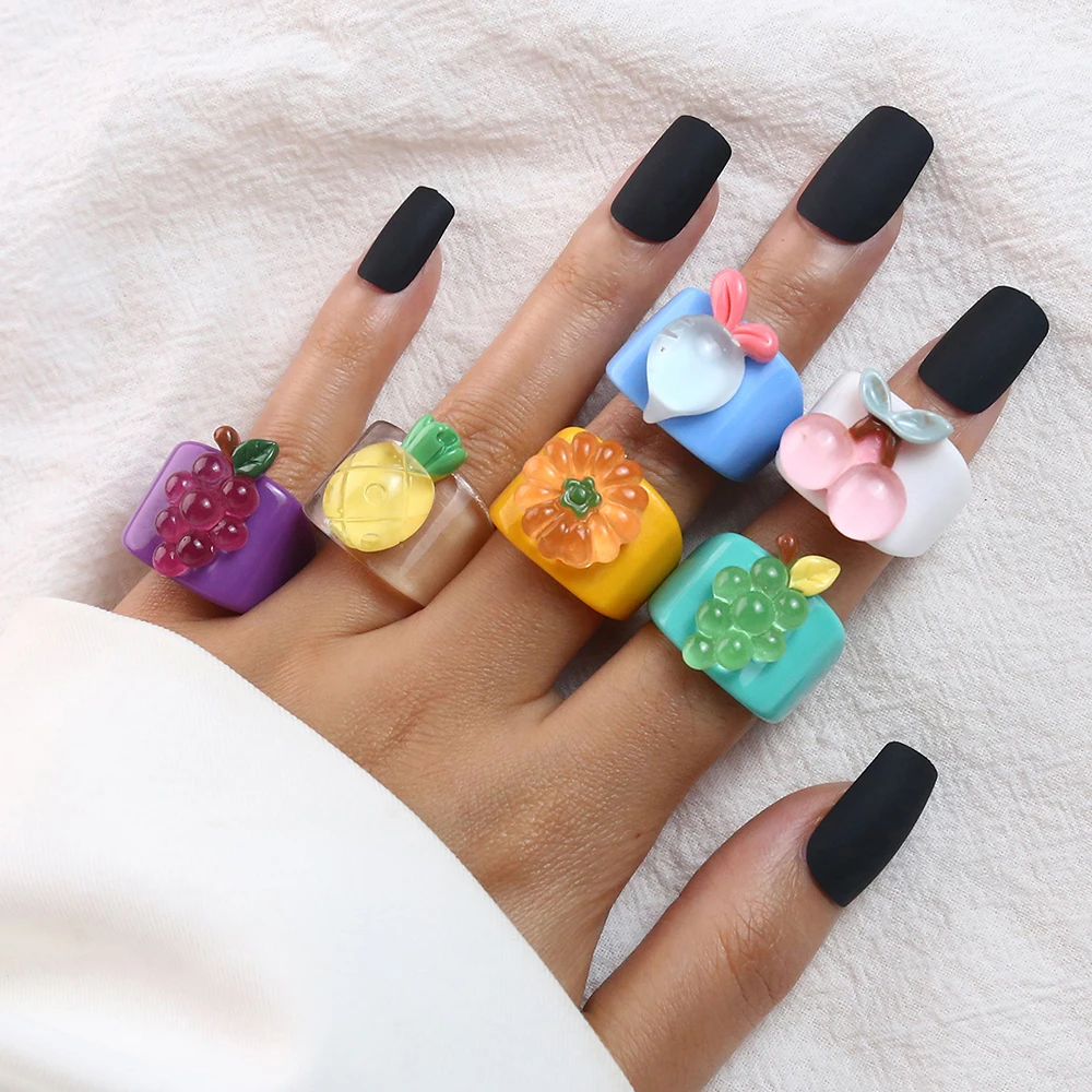 Cartoon Fruit Ring Women Fashion Korean Cute Animal Resin Acrylic Ring Set Christmas Birthday Party Gift Jewelry for Female Girl