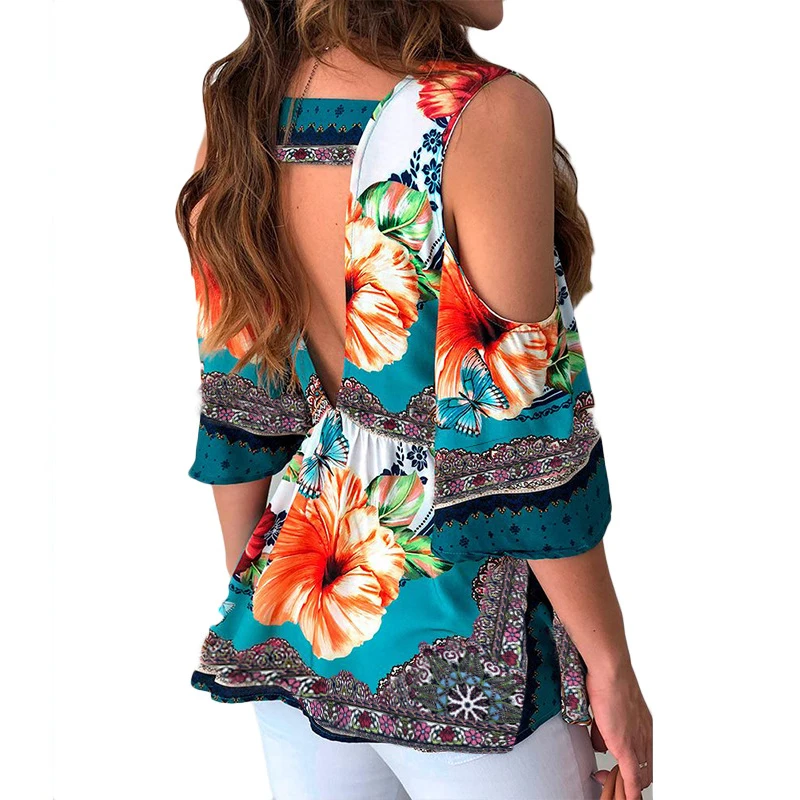 Women Shirt Casual Summer V-Neck Boho Blouse 2019 Short Sleeve Cold Off Shoulder Loose Tops Floral Print Shirt Plus Size Blouse