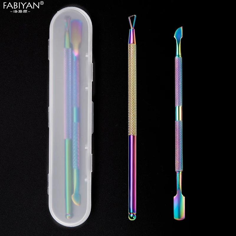 2Pcs Stainless Steel Nail Art Cuticle Pusher Dead-skin Remover Rainbow Tool With Box Manicure Pedicure Clean Set