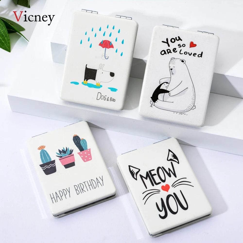 

New Makeup Mirror Ladies Double-Folded Square Compact Small Mirrors Creative Cartoon Portable Outdoor Beauty Accessories