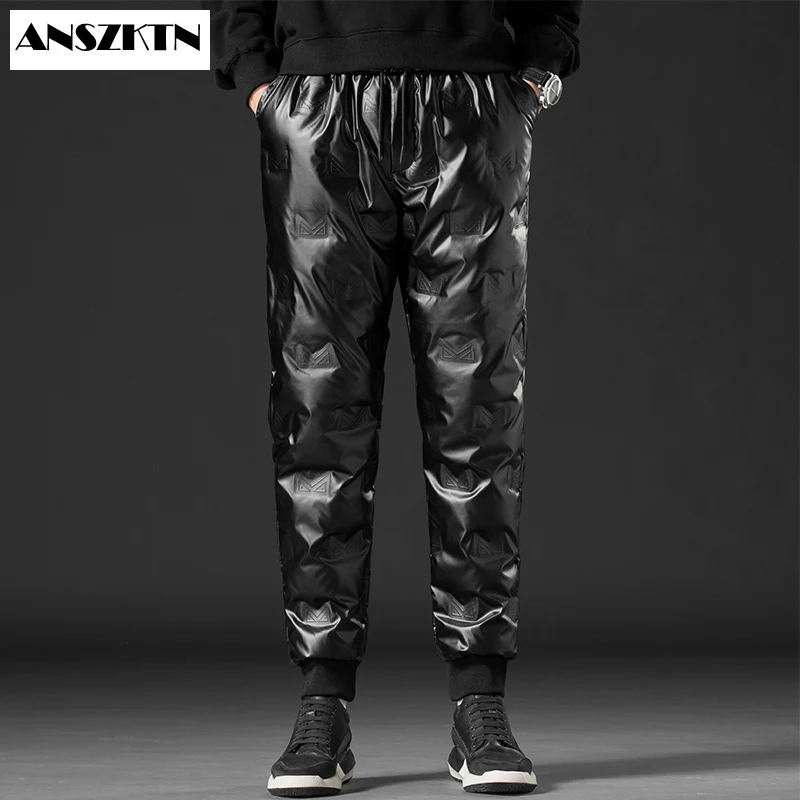 Amszktn 2020 Mens Duck Down Padded Pants High Waist Men's Winter