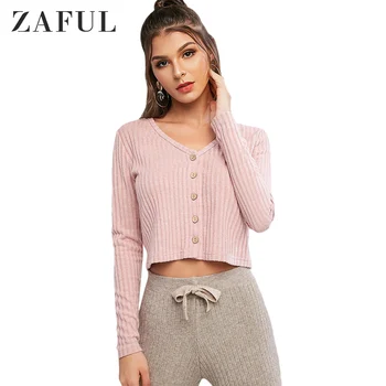

ZADUL Sweet Ribbed Button Up Solid Cardigan For Women V Neck Single Button Full Sleeve Tops Daily Going Out Autumn Spring 2019