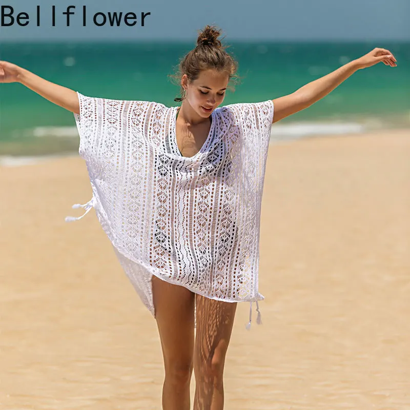 

Tassel Cover Ups for Swimwear Women Beach Swimwear Summer Short Sleeve V Neck Loose Pareo Beach See Through Woman Dress