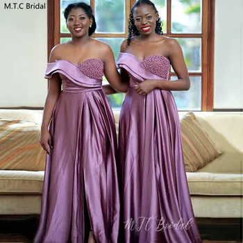 

New Design 2020 Pearls Lavender Long Bridal Dresses One Shoulder Side Slit A Line Satin Wedding Guest Dress Customize