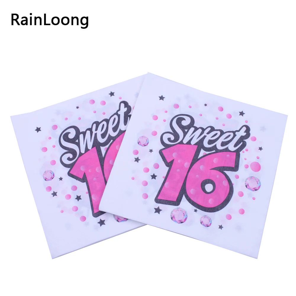 [RainLoong] Happy Birthday Sweet 16 Napkin For Party Tissue Napkin Decoration Decor Serviettes 33*33cm 1pack/lot - Цвет: as picture