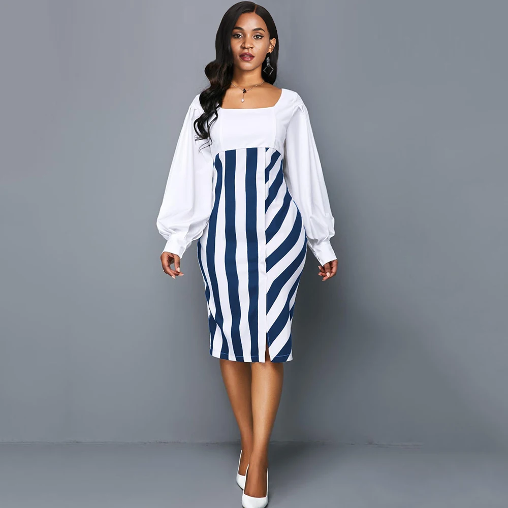 

High Waist Lady Bodycon Dress Elegant Striped Patchwork Women Autumn Dresses African Office Lady Lantern Sleeve Dress Vestiods