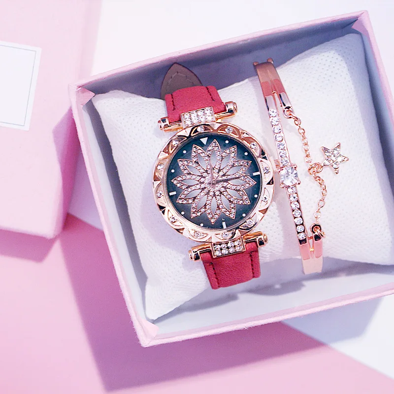 Женские часы, набор, звездное небо, женские часы-браслет, повседневные, кожаные, спортивные, кварцевые, наручные часы, Relogio Feminino - Цвет: Red With Bracelet
