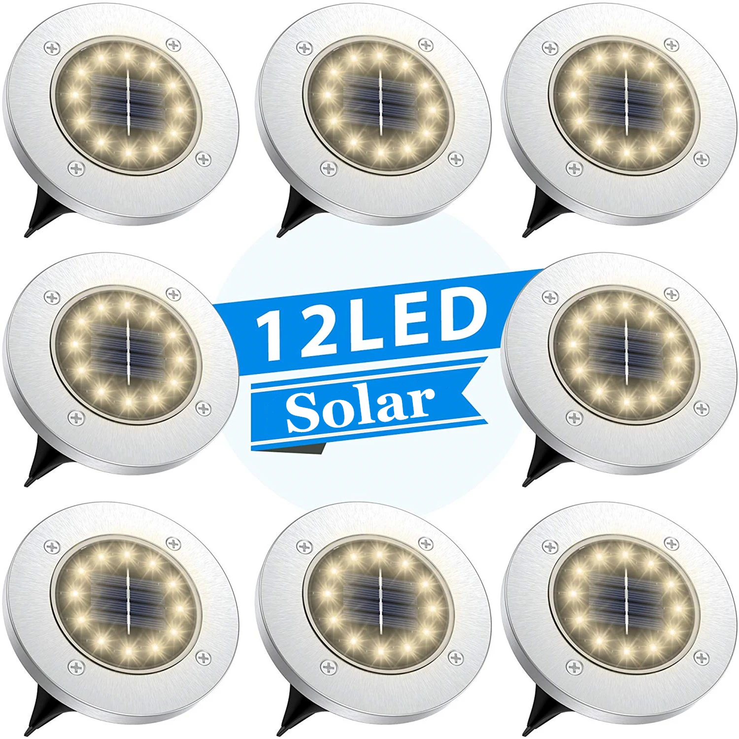 Solar Disk Lights 12 LED Solar Ground Lights Outdoor Waterproof Stainless Steel in Ground Solar Lights for Walkway Pathway Lawn