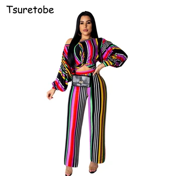 

Tsuretobe Fashion Color Stripe Two Piece Set One Shoulder Women Long Puff Sleeve Crop Top And Straight Pants Set Female Outfits