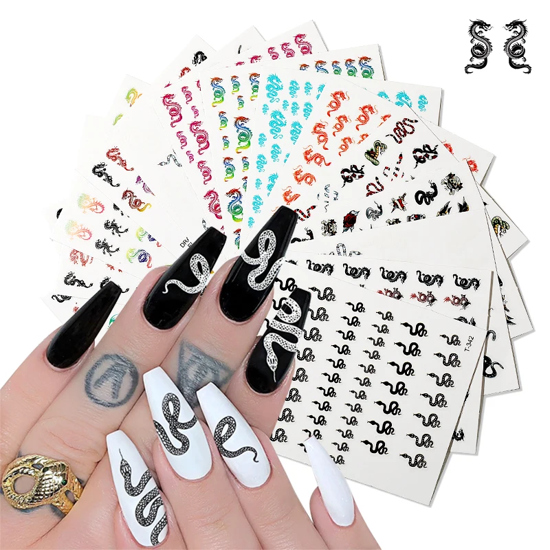 Nail Art Sticker Black and White Snake Shape Decal Chinese Wind Dragon Element Flower Personality 3D Dec | Красота и здоровье
