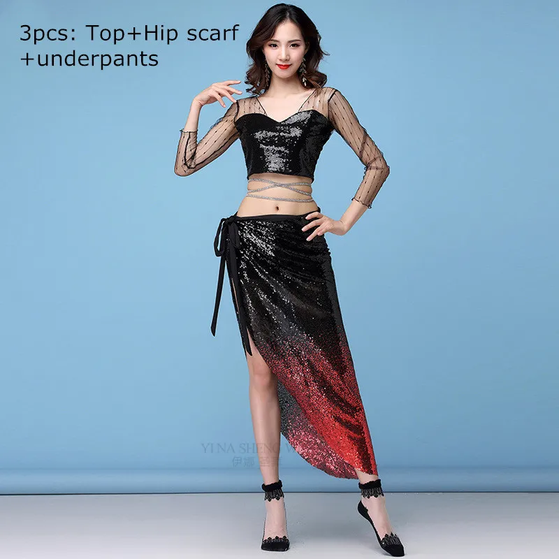 3pcs Black Модный женский комплект для танца живота, одежда для занятий танцами на осень и зиму, сексуальный сетчатый костюм для танца живота, топ+ юбка, комплект для танцев из 2 предметов - Цвет: 3pcs Black