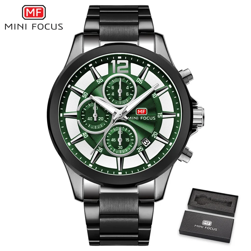 Black Green MINIFOCUS Модные мужские s часы лучший бренд класса люкс кварцевые наручные часы со стальным ремешком многофункциональные спортивные часы с хронографом мужские часы - Цвет: Black Green