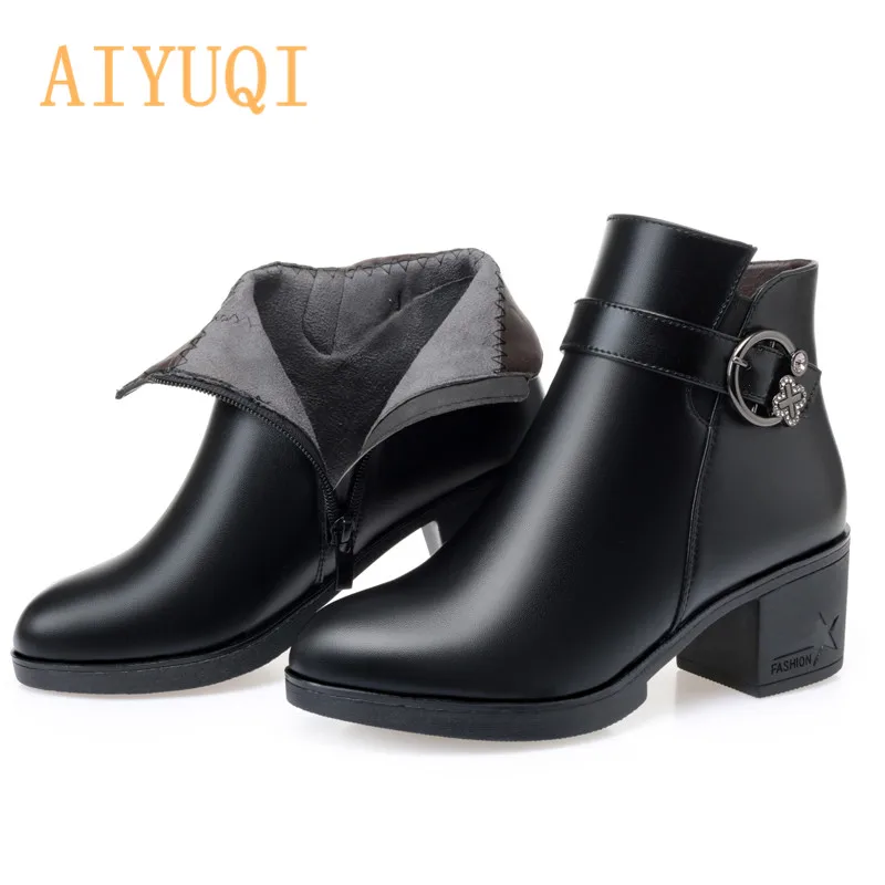 Black single AIYUQI женские ботинки; Новинка года; зимняя обувь; большие размеры 41, 42, 43; женские зимние ботинки; женские ботильоны на среднем каблуке - Цвет: Black single