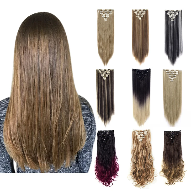 Double-Weft Hair-Extensions Straight for Women Lelinta 7pcs 16-Clips Fake-Hair Curly