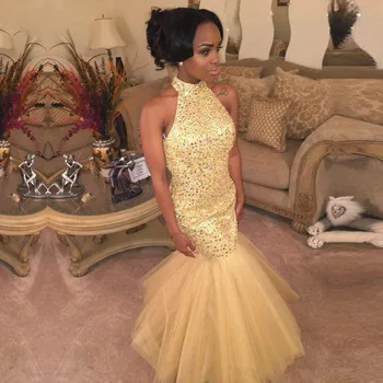 

High Neck Bling Bling Beaded Mermaid Prom Dress Slim Fitted Well Women Special Occasion Evening Party Gowns Custom Sleeveless