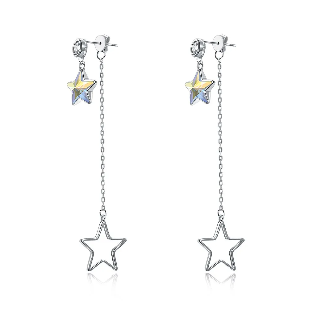 

Long stars sweet irregular earrings Star crystal slim double-layer earrings S925 sterling silver ladies asymmetric earrings