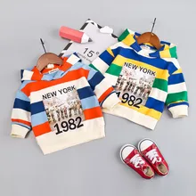 Худи для малышей, для маленьких мальчиков, спортивный костюм в полоску с буквенным принтом, детский пуловер с капюшоном, комплект одежды, милые толстовки