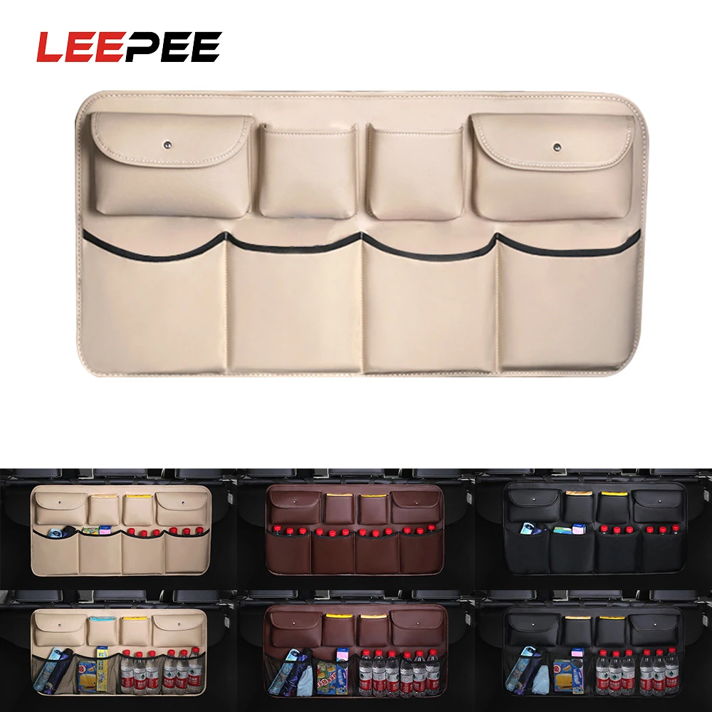 LEEPEE Car Rear Seat Back Storage Bag PU Leather Multi Hanging Nets Pocket Auto Stowing Tidying Trunk Organizer Car Styling