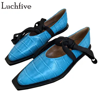 

Genuine Leather Lace Up Flat Shoes Women British Style Pointy Toe Mule Shoes Early Spring Shoes Woman Blue Zapatos De Mujer