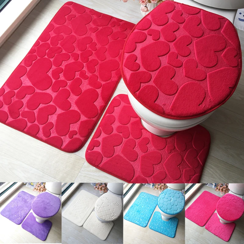 

3PCS Bathroom Flannel Print Floor Mats Non Slip Toilet Seat Cover Rug Bath Mat Set Soft Restroom Carpet Home Toilet Decoration