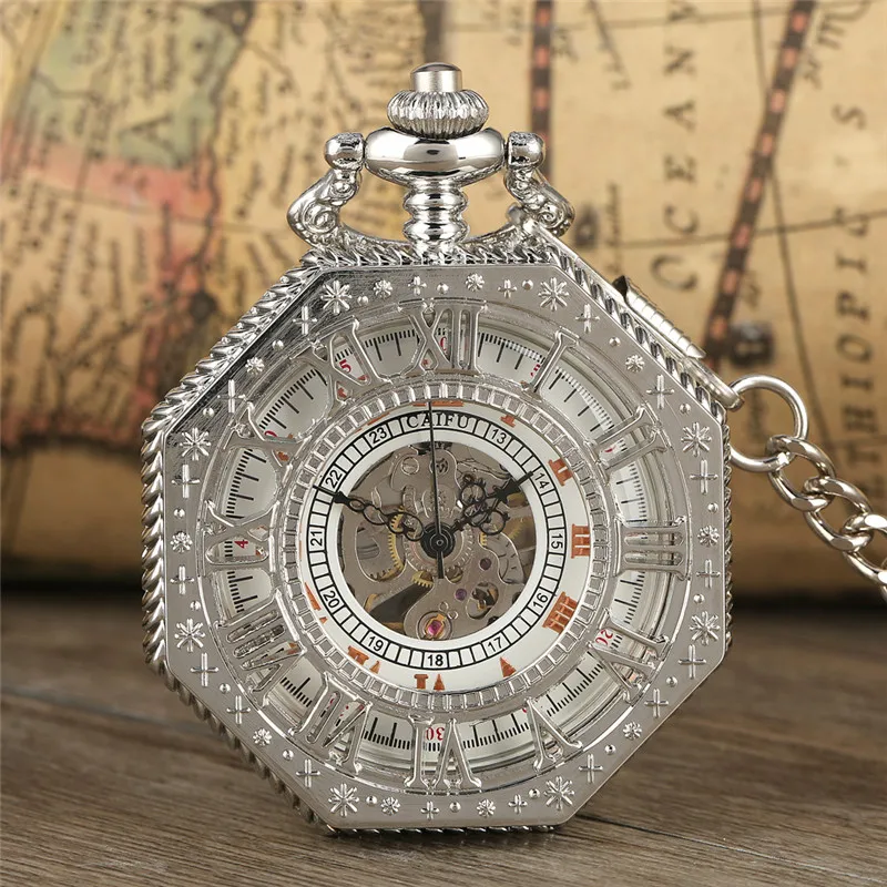 Silver Hollow Octagon Unisex Hand-winding Mechanical Pocket Watch Skeleton Clock Roman Number Dial Pendant Chain Reloj