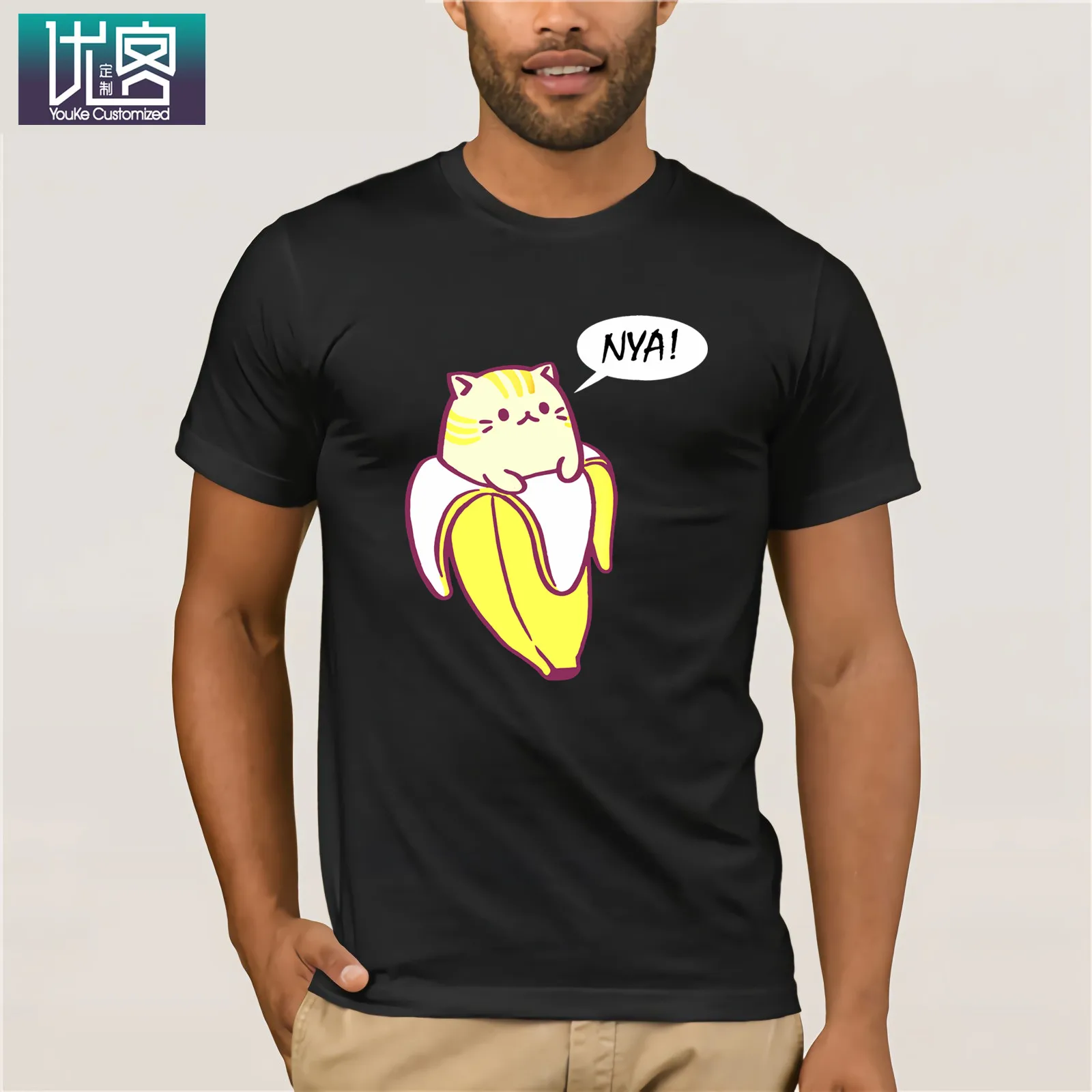 Футболка Bananya Banana с забавным котом, потрясающие Уникальные повседневные футболки с коротким рукавом, одежда из хлопка, Винтажная футболка с вырезом лодочкой - Цвет: black