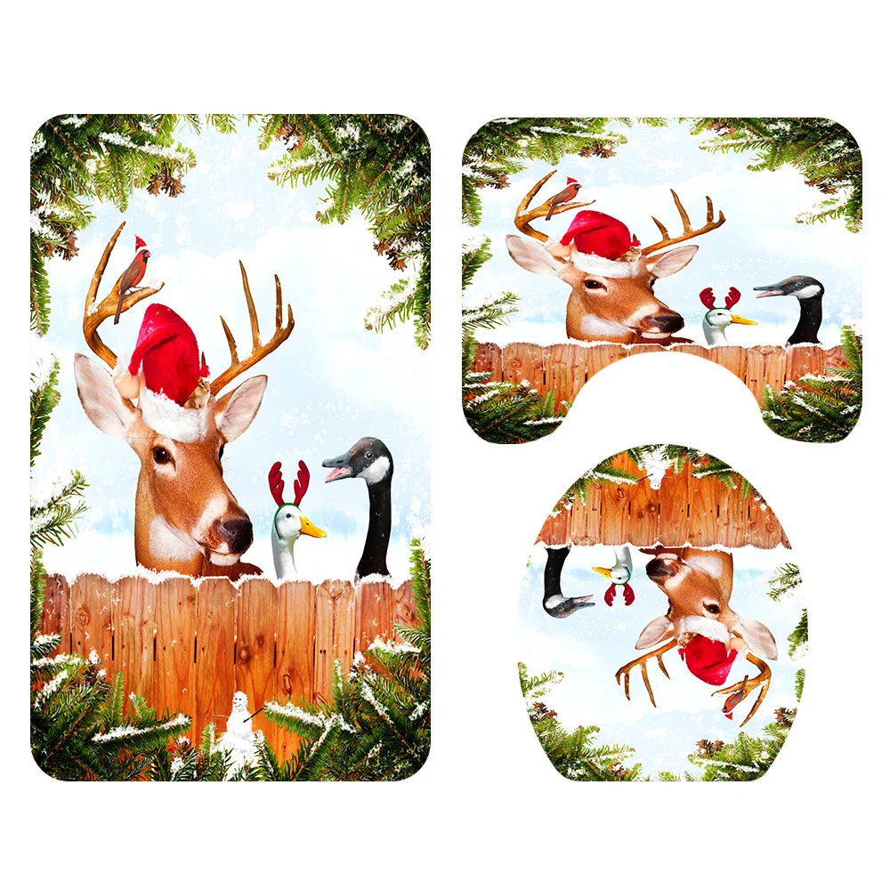 Merry Christmas набор для ванной с изображением животного лося утки, водонепроницаемая занавеска для душа и чехол для унитаза, коврик с нескользящей подошвой, домашний декор - Цвет: A 3PCS