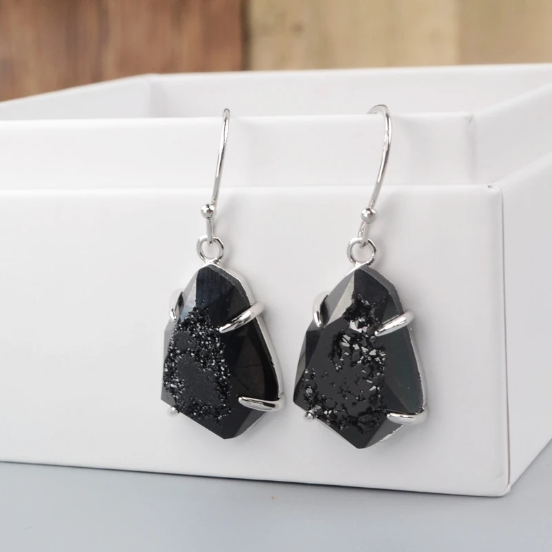 silver-black Натуральные Агаты, висячие серьги, титановые серьги-крючки, ограненные драгоценные камни, серебрение, для девочек, ежедневные серьги, Прямая поставка - Окраска металла: silver-black