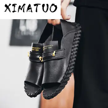 

Men Sandals Hand Made Summer Split Leather Male Beach Shoes Slip on Casual Shoes Outdoors Breathable Flip Flops Men Sandals 2020