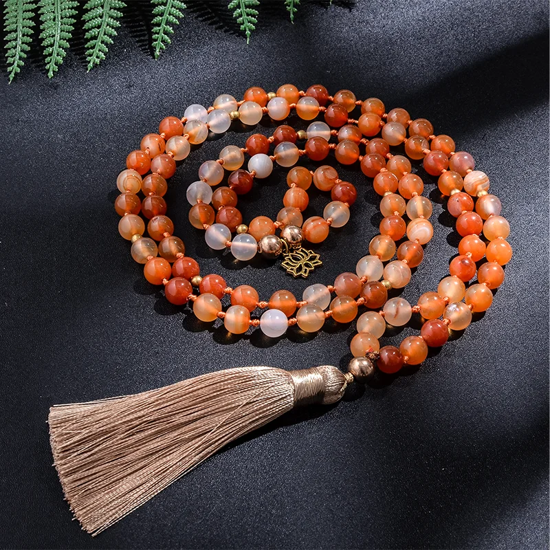 8mm Orange Agate Japamala Beaded Necklace Meditation Yoga Blessing Spirit Jewelry Set 108 Mala Women Rosary Lotus Pendant | Украшения и