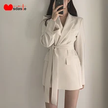 Women Blazers Coats New Office Lady Belted Jacket and Coat Blaser Feminino Elegant Long Sleeve Solid Suit Blazer Outerwear
