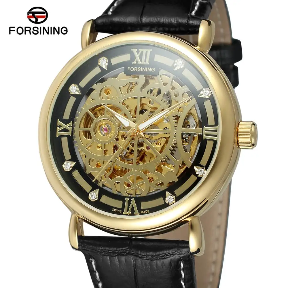 

FORSINING watch fashion trend hollow design simple men gold black dial gold case black leather strap automatic mechanical watch