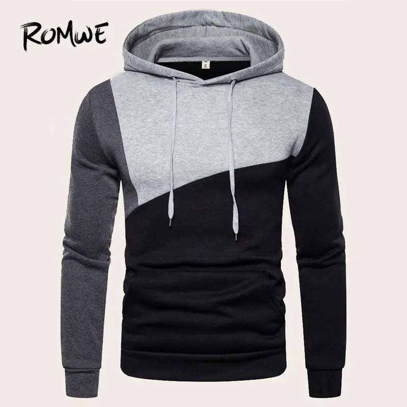 

ROMWE Men Sporty Drawstring Hoodies Sweatshirt 2019 Autumn Clothes Long Sleeve Sweatshirts Fall Colorblock Casual Male Tops