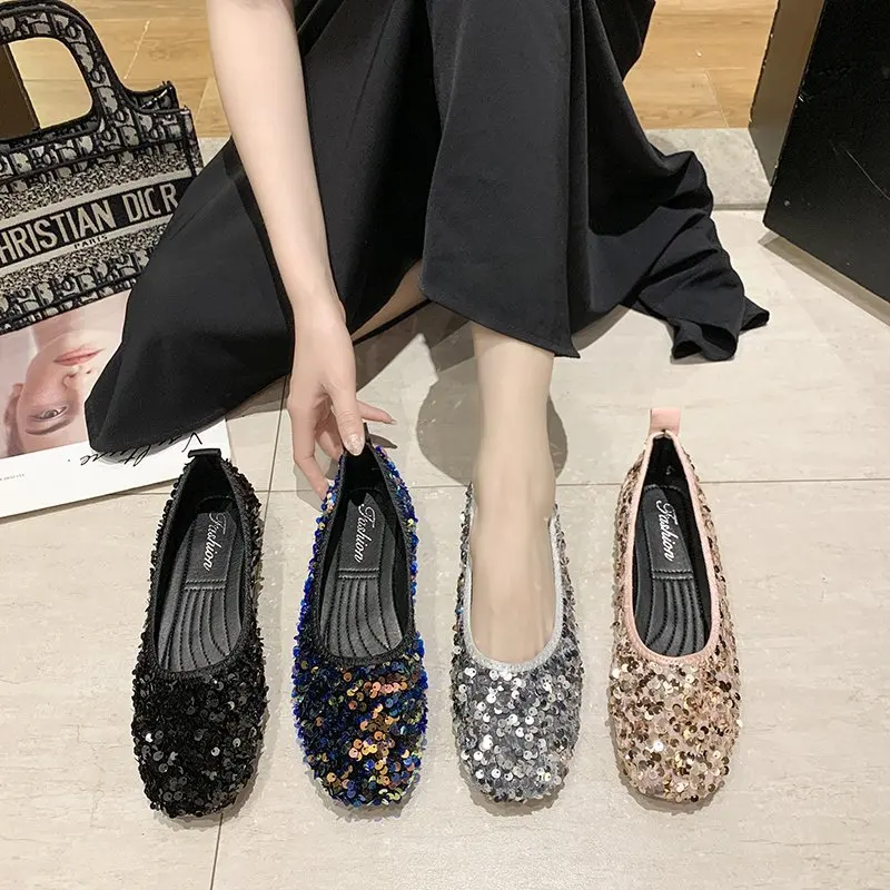 Women's Shoes New Spring and Autumn Shoes Shallow Mouth Set of Flat Shoes Women's Bean Shoes Women's Sequins Single Shoe Woman
