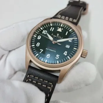 

Classic New Men Automatic Mechanical Pilot Rose Gold Brown Cow Leather Stainless Steel Sapphire Green Canvas Sport Watch